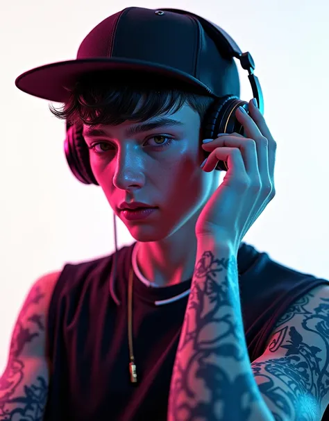 (((Ultra detailed, Megapixel))) Create an explosive and visually dynamic photo realistic image featuring., It is a full body Portrait of a teenager man, With Cool Head Set, short hair, Black cap, Brown producer DJ, underground, with enormous talent, hip-ho...