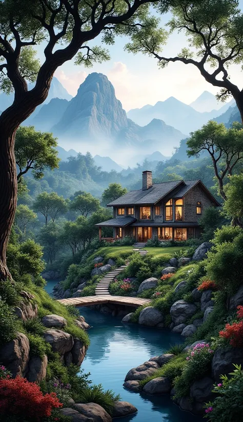 Image of a jungel and mountains, huge trees, many plants, flowers in all colours, there is a wooden bridge and a luxe jungle house
