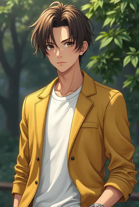 (photorealism:1.2), A serious boy. With gojo style hair colour brown wearing yellow jacket with white t shirt good physic wearing Glasses with rolex watch in left hand 