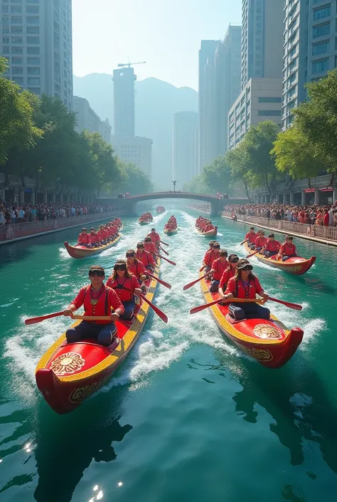 Dragon Boat Racing， Shing Mun River, Shatin, Hong Kong，Combining New Era Technology ，light，lively，VR glasses