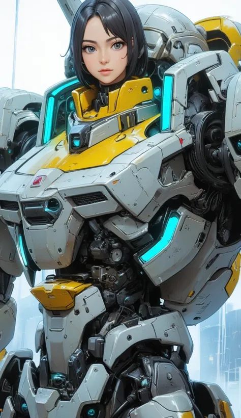 A gundan-style robot .  With neon blue details .  A cockpit with a young Korean woman inside .  dressed in a yellow leather jumpsuit and technological.
 full body . 
32K, HDR, UHD, intricate detail, extremely intricate detail, hyperrealistic, extremely rea...