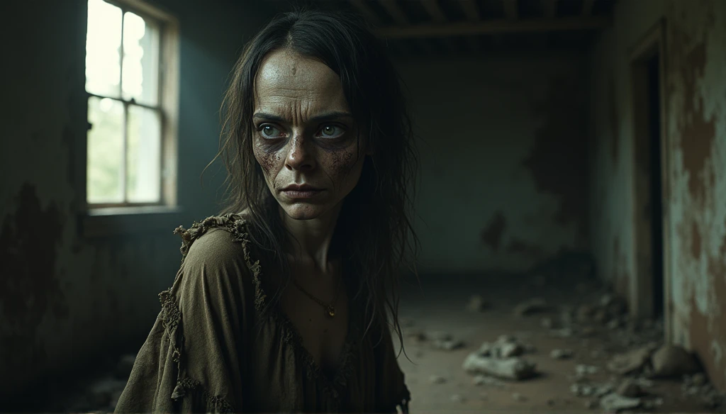 ((( best quality ))), high detail,   depth of field  , focus: 1.2,   of England with cat  , tired eyes, Thin Eyes,  big eyes ,  torn and rotting clothes ,  hair is disheveled and matted ,  skin is scarred with dirt and dirt , abandoned,   shady room inside...