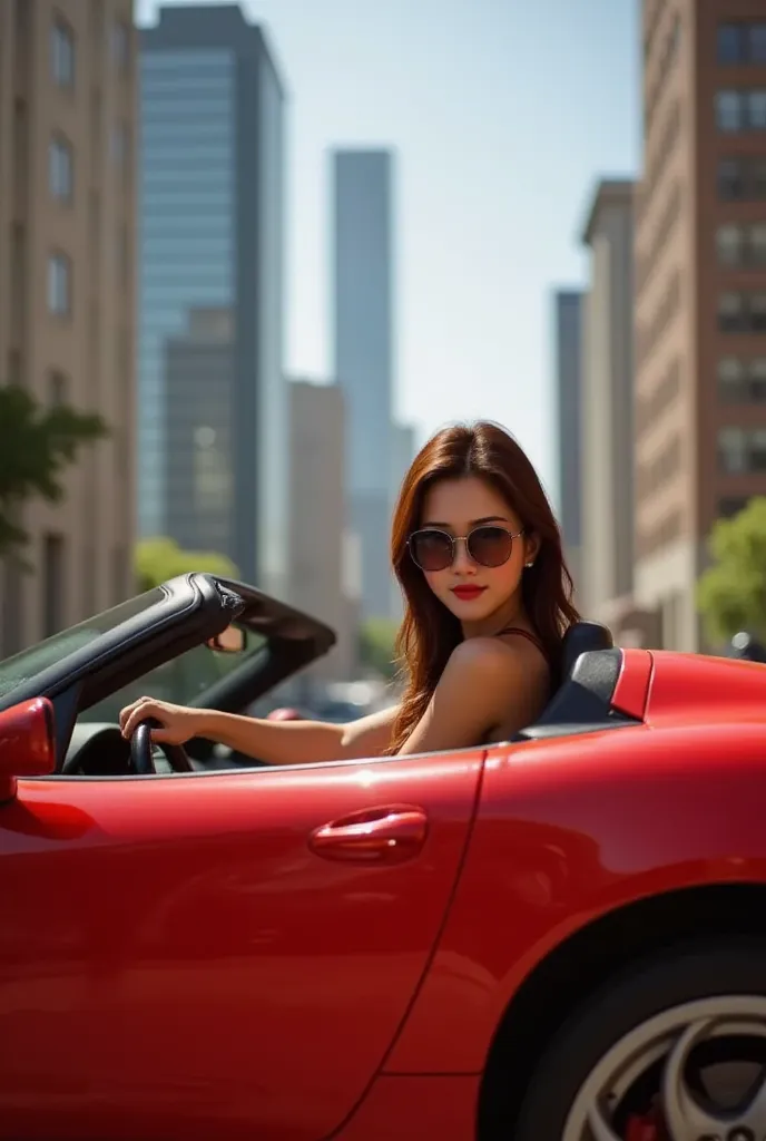 lisamy bring sun glasses, she is driving a red super sports car parked on the ground in the background of the city building, per...