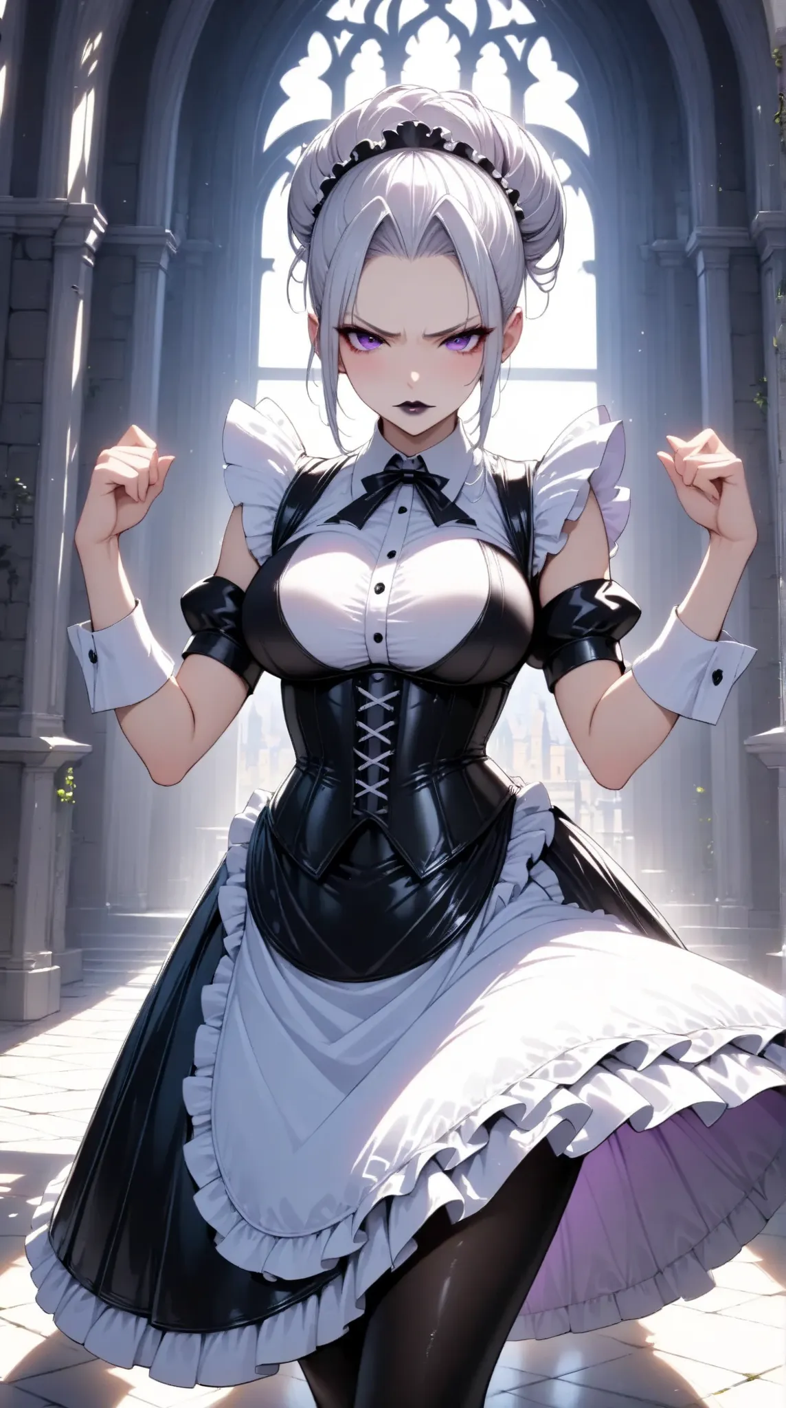 young beautiful woman ,( best quality, very detailed depiction, incredibly absurd high definition),(black and white gothic maid ...