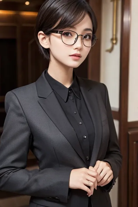 a beautiful, masterpiece, best quality, extremely detailed face, woman, stylish, short hair, formal wear, wearing dress, black suit, cool, wearing glasses, chinese woman