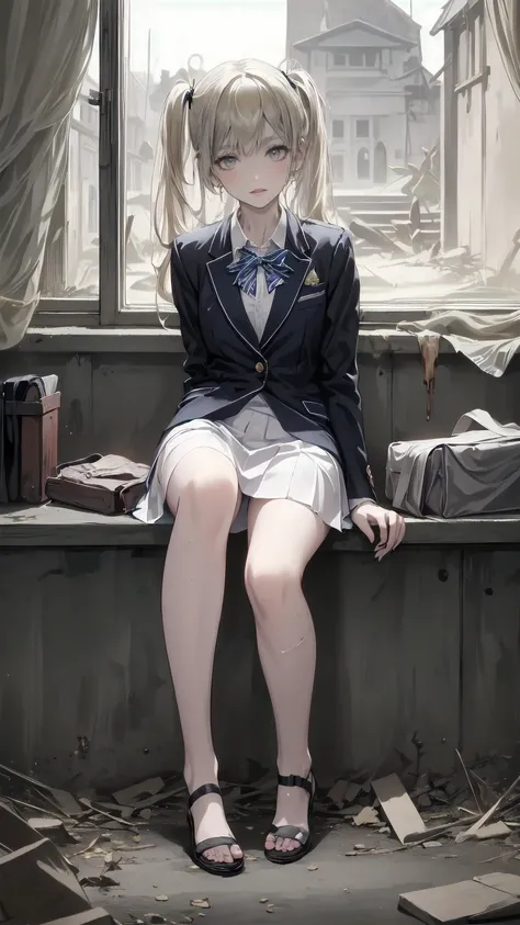 (HigheSt quality,4K,High reSolution,maSterpiece:1.2), Very detailed,RealiStic:1.37,とてもbeautiful girl, very cute blazer uniform ,Wearing white StockingS,blonde,blonde Hair,Long twin tailS, watching the audience,high School、Dilapidated School building、I&#39;...