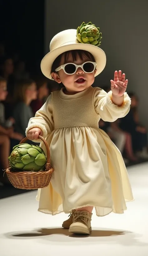 Create a scene with adorable chubby baby girl, wearing fashionable clothes made from natural Artichoke, Wearing a hat decorated with a Artichoke, and round stylish sunglasses, In one hand he is holding a basket of Artichoke, Wearing a fashionable couture d...