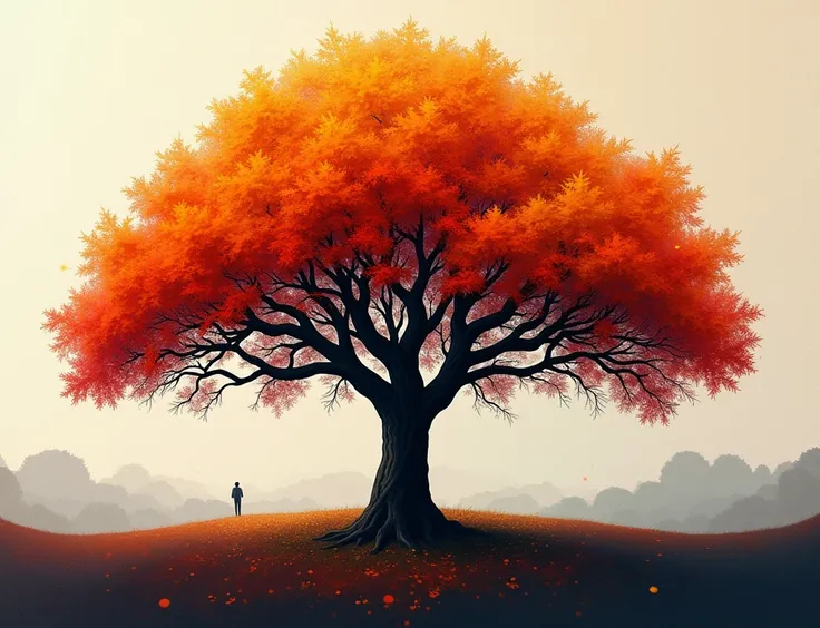 A surreal geometric painting. Geometric art. Linear art. A complex interweaving and a complex combination of lines and geometric shapes, circles, triangles, squares and rectangles in their intersections form the image of the autumn oak tree. The image of t...