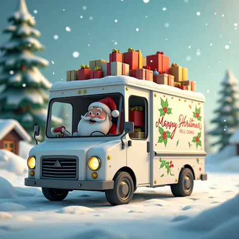 New model white van with Santa Claus driving it carrying gifts 