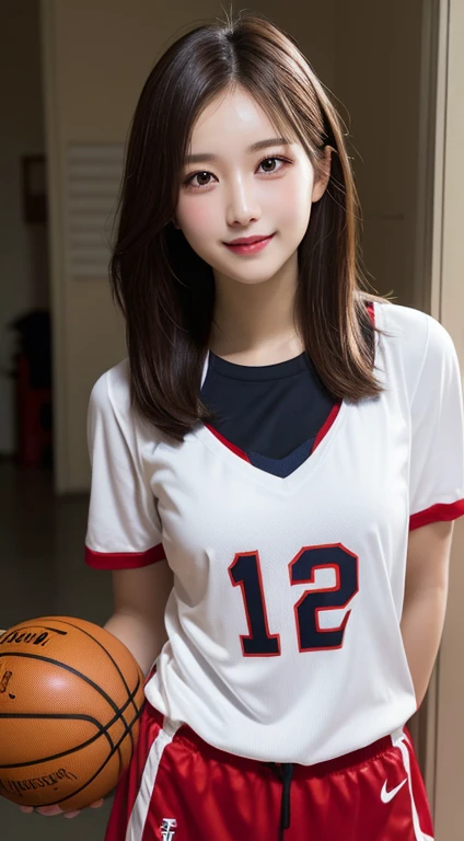 masutepiece, Best Quality, Illustration, Ultra-detailed, finely detail, hight resolution, 8k Wallpapers, Perfect dynamic composition, Beautiful detailed eyes, Medium Hair, mid-chest, Natural Color Lip, Random and sexy poses,Smile,basketball、uniformss、Gymna...