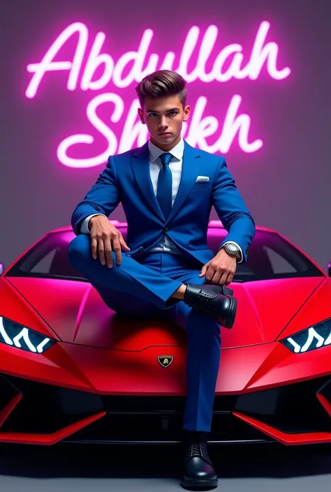 Create a 3d muscular boy sting on last lastLamborghini huracon red  and wear blue suit and white shirt and blue tie and black boots and background was written Abdullah shykh with neon purple light 