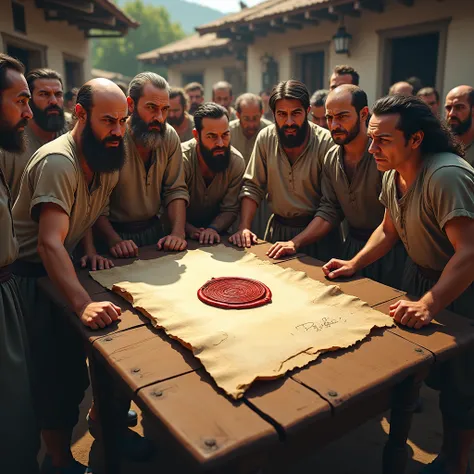 An old document lies on a wooden table, showing an obvious fake seal. Several villagers stand around it, looking angry and disappointed.