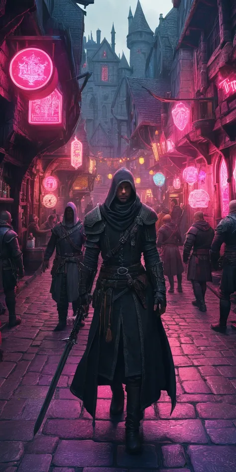 (best quality, photorealistic, ultra-detailed:1.2), a dnd style fantasy street with medieval style architecture of taverns and weaponsmiths and armory and potions shops and magical shops, but the aesthetics is cyberpunk with neon lit signs and vibrant faca...