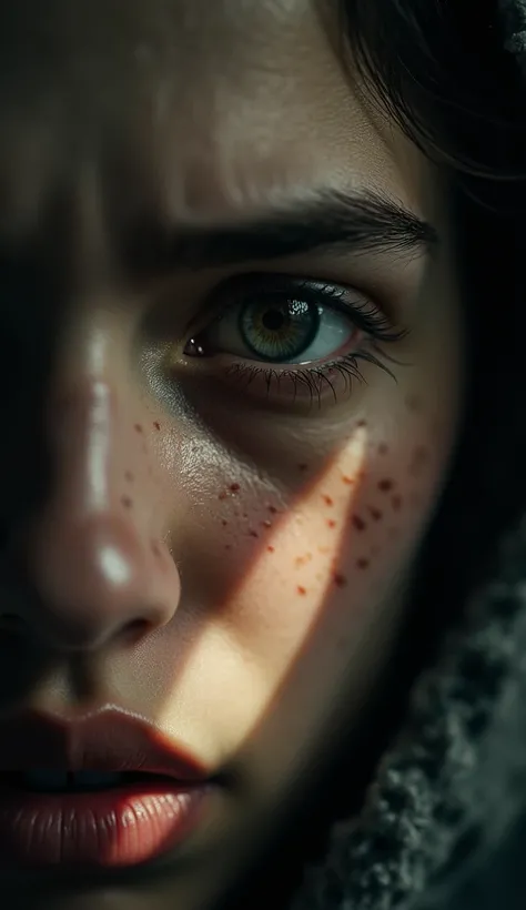 Cinematic close-up of human eyes expressing deep emotional pain, fragmented shadows crossing faces, desaturated colors, tender yet melancholic atmosphere, symbolic visual metaphor of shared suffering