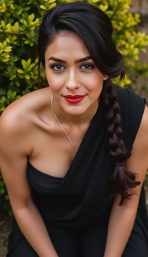 day scene, extreme close up photo of seductive indian model from top view wearing semi black sari and top with big breast, big cheeks, red Hollywood lips, squatting near shrub in a garden, hourglass figure, armpits, (blue eyes:1), ponytail, necklace, 30 yo...