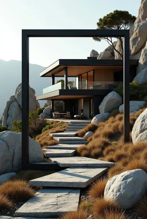  Image Smart home ,  house with rocks around it, with innovations  .  That the image has a black frame WITH A THEME OF LANGUAGE AND LITERATURE