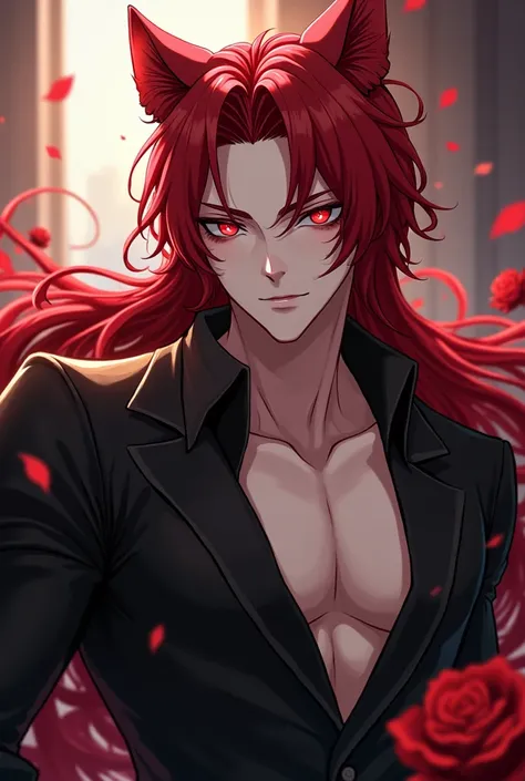 Realistic anime-style 4k quality image ,  where there is a handsome 23-year-old man , Half human and half feline with cat ears , he has white skin,  long and ringed red hair , crimson eyes.  This same man has a serene and handsome face , and a seductive lo...