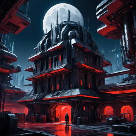 ( Extremely Detailed CG Uniform 8K Wallpaper), Worlds Most Beautiful Artwork  , Moon Base，roof，Futuristic Architecture，  dark _fantasy,  cyberpunk, Mechanical wonder, exist,  beautiful illustration , Duotone, Two colors, Black and red, painting, ink, maste...