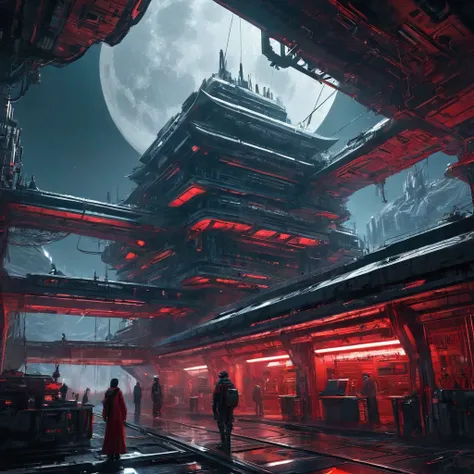 ( Extremely Detailed CG Uniform 8K Wallpaper), Worlds Most Beautiful Artwork  , Moon Base，roof，Futuristic Architecture，  dark _fantasy,  cyberpunk, Mechanical wonder, exist,  beautiful illustration , Duotone, Two colors, Black and red, painting, ink, maste...