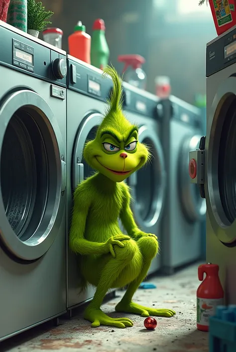 Images du Grinch qui cache une boule de Noël dans une pièce avec des machines à laver