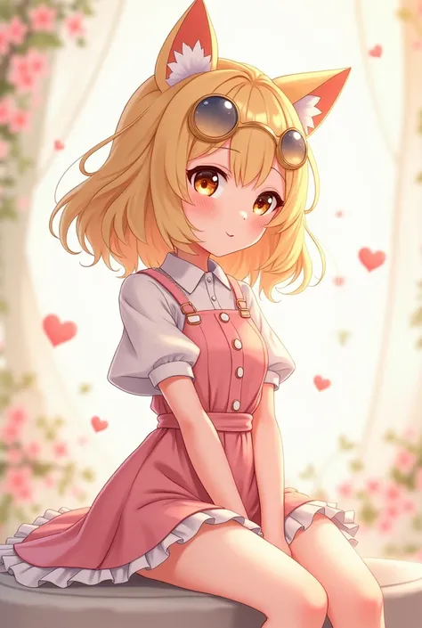 An anime guy with wavy blonde hair clothes kawai with her skirt some kitten sleeves with lenses 
