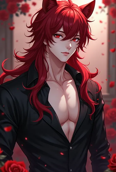 Realistic anime-style 4k quality image ,  where there is a handsome 23-year-old man , Half human and half feline with cat ears , he has white skin,  long and ringed red hair , crimson eyes.  This same man has a serene and handsome face , and a seductive lo...