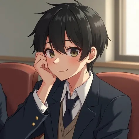 Soft and messy rendering, high school boy, smooth and straight black hair, seatmates((side by side)), one hand on cheek, glancing at you, giving you a warm smile,  classroom, uniform, tie, oversized blazer, mature looking, 