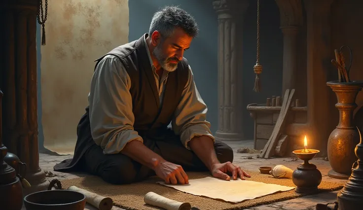 Job, 40 years old,short hair ,  black with white hair and beard , Job kneeling on a thick woven mat, his expression calm yet reflective, surrounded by simple ancient scrolls and tools. The warm glow of an oil lamp nearby creates a comforting ambiance, symb...