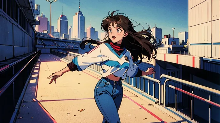 Best Quality, 8k, 1990s Style,     2010s Hairstyle   ,     girl,   Brown Hair  , Long Hair,      uncontrollable light brown eyes ,      city pop, pants ,  There is movement、Stadium jumper