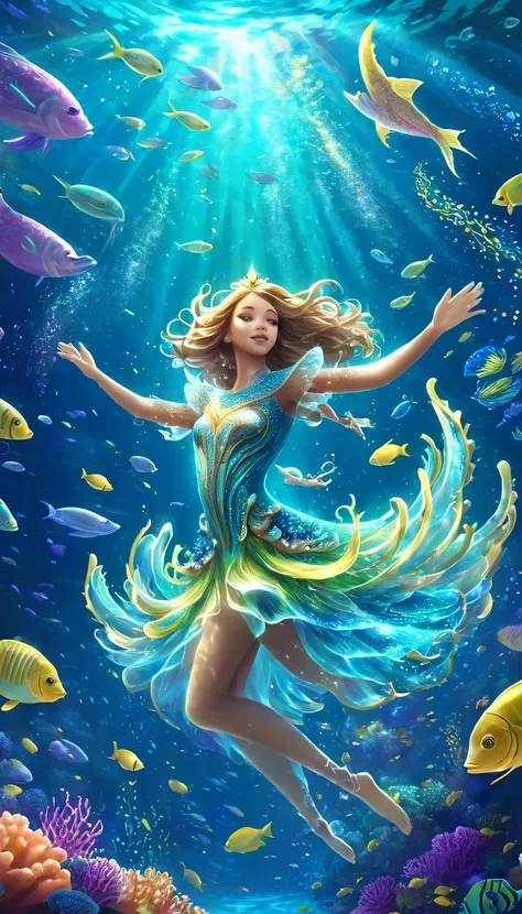  A dazzling underwater kingdom ,  where corals shine in shades of blue and green ,  forming a vibrant and full of life .  At the heart of this scene , an ocean princess ,  with golden algae hairs that float gently around them ,  moves gracefully between sc...