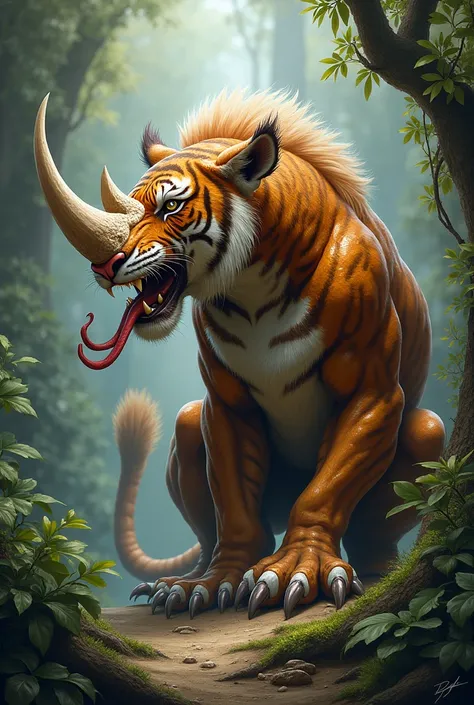 Tiger with horn of rhino with snake tongue and fur Paws like eagle claw