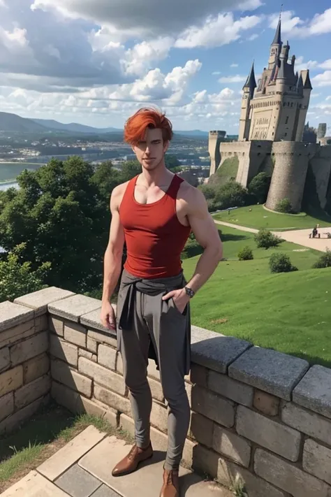 Photo-realistic. A pleased, tall, handsome, fit, 24-year-old Caucasian medieval prince, with short, fade-cut, burnt orange hair, and blue eyes, wearing a red and tan sleeveless tunic, with gray trousers, standing on a castle wall, looking out to the distan...