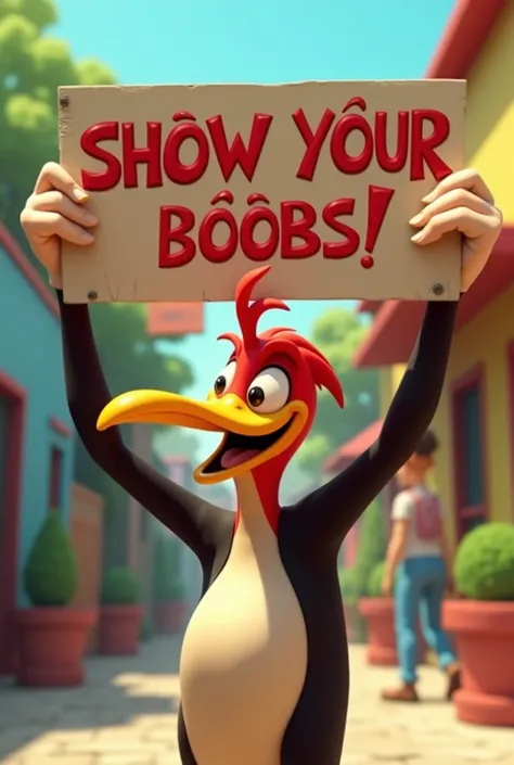 Create a video of the cartoon character Pica-Pau holding up a sign written in Portuguese  " Show your boobs !"