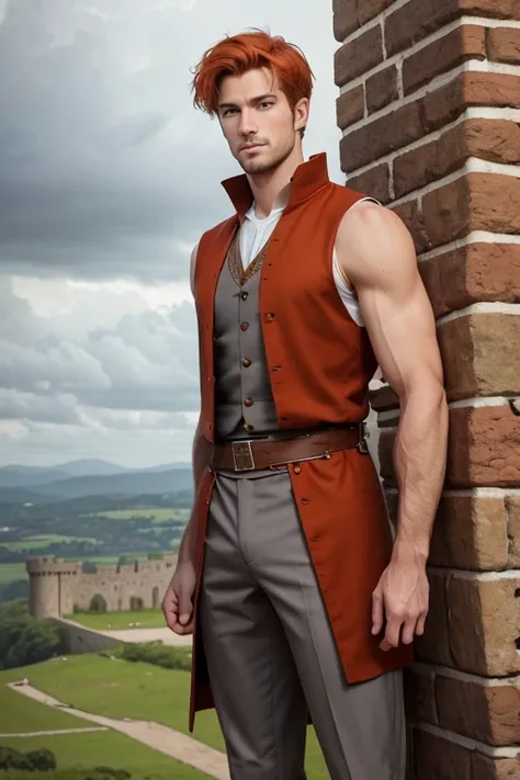 Photo-realistic. A pleased, tall, handsome, fit, 24-year-old Caucasian medieval prince, with short, fade-cut, burnt orange hair, and blue eyes, wearing a red and tan sleeveless tunic, with gray trousers, standing on a castle wall, looking out to the distan...