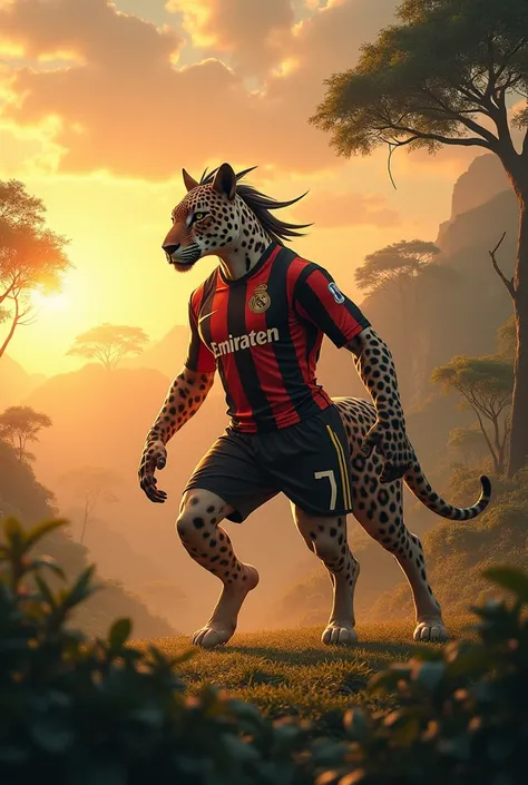 Create a hybrid monster body with horse, leopard and Ronaldo, Jersey, wide shot, background African jungle view, sunrise view and clouds 