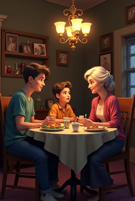 A teenage boy having dinner at night with his grandmother and mother in the dining room of an old house 