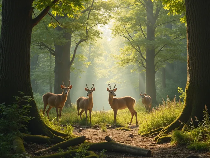 forests, squirrels, deers, small birds, lively, realistic, super accurate, photographic, high quality, 16k