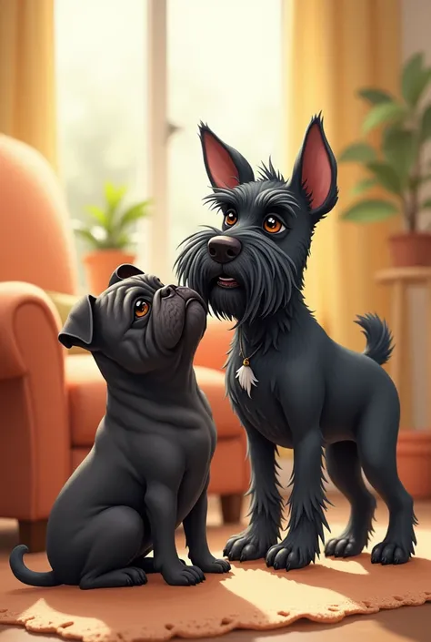  Small black schnauzer and black pug