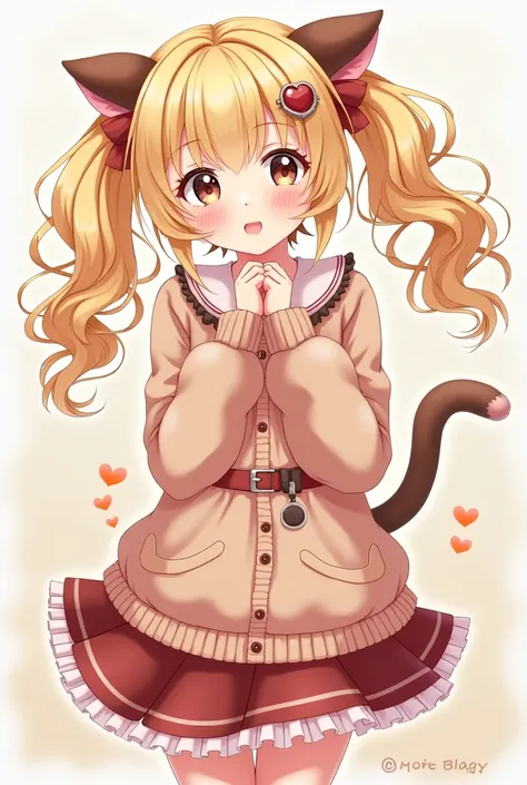 Anime type with wavy hair with blonde pigtails, kawai clothes with her skirt, kitten sleeves with lenses on her face and some warmers 

