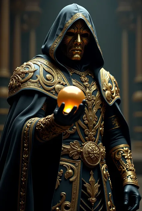  Close up 1 man walking, shes dressed in black and gold , in his right hand there is a floating golden ball,  dark ornate royal robes ,  black and gold armor ,  heavy armor gold . dramatic,  black and gold armor , golden robe ,  intricate costume design , ...