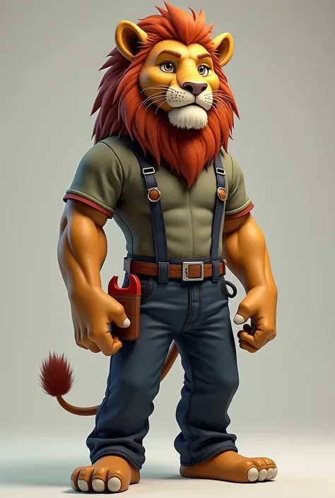 A humanized lion wearing mechanics clothing with a polo shirt and less muscles.