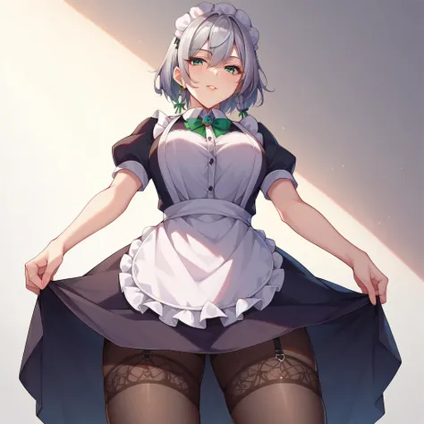 masterpiece、 best quality， very sophisticated、 pantyhose ，（from below ：1.25），Sakuya Khaniayoi，East，alone，Maid head dress、Maid，apron，Short sleeve， dress，erotic pose、Gray Hair、garter belt