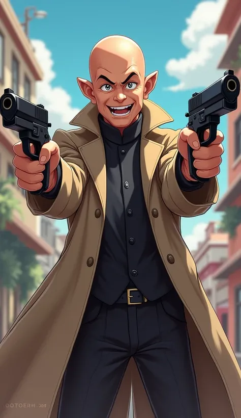 anime, bald, long coat, two pistols, Pateta, smiling, Funny,  full body .