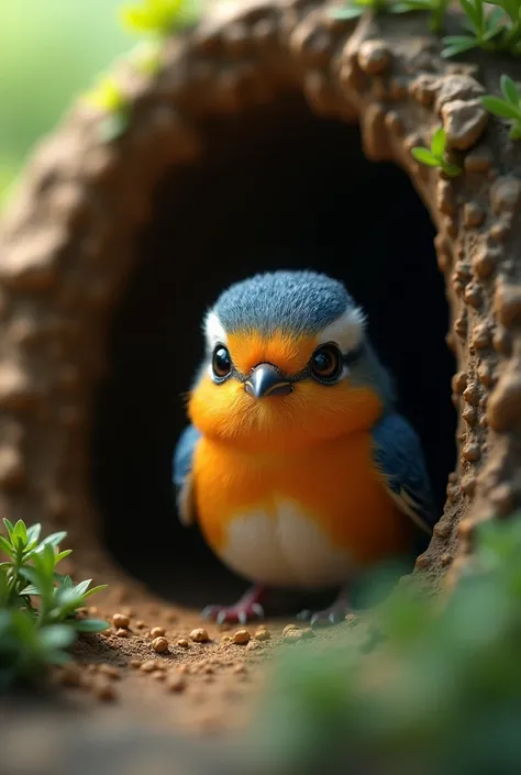 Bird peeking out of a hole where the camera is
