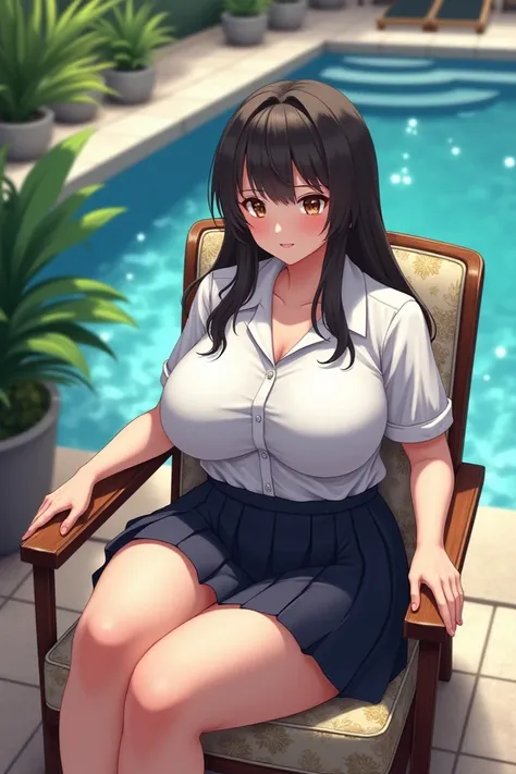 Older sister in mind uniform , big   breast sit on chair being pool  resort 