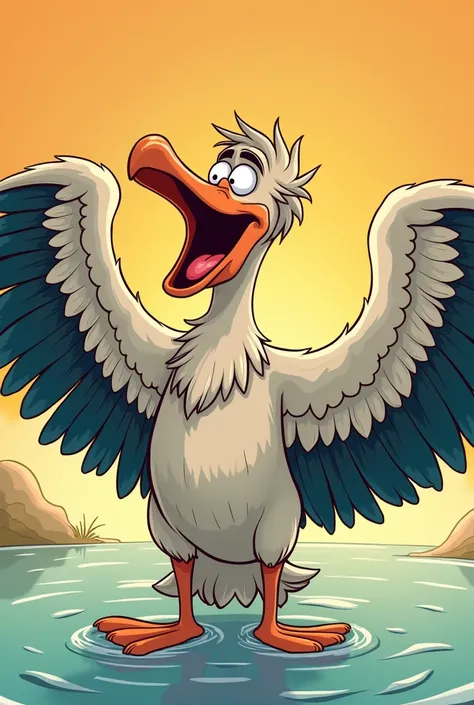 Make a cartoon illustration of a man singing, She has pelican wings .