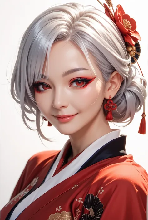   simple background, mature, real picture, Oriental, Lyrical, Orientalism, Silver hair,  Japanese illustration style,  soft lighting ,  dark makeup ,  a gentle smile , fascinating, Red eyes, Silver hair, White hair, looking at viewers