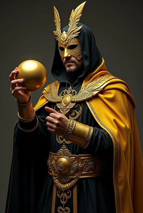  Close up 1 man walking, shes dressed in black and gold , in his right hand there is a floating golden ball of considerable size,  dark ornate royal robes ,  black and gold armor ,  heavy armor gold . dramatic,  black and gold armor , golden robe ,  intric...