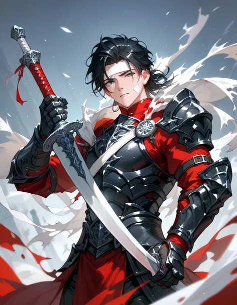 Black Haired Man, Red Black Armor , holding a pair of black and white swords,cool,With a torn shawl ,There is a bandage 