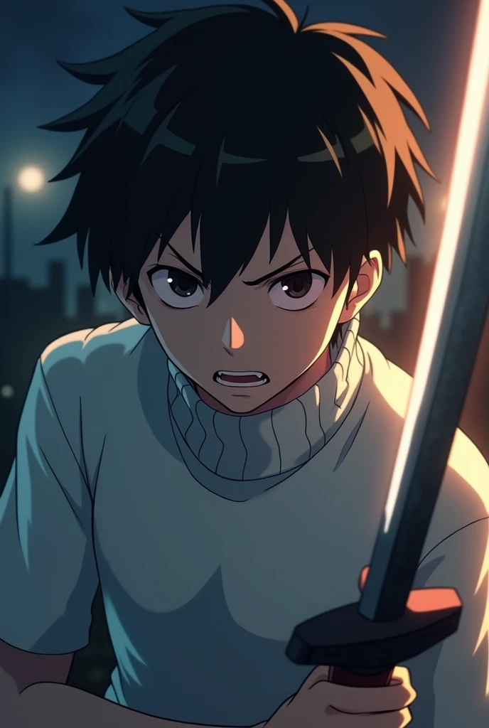 1 man, wano style,  black hair ,  messy hair ,  short hair,  black eyes, Serious, nervous, white turtleneck shirt , Teeth, ((masterpiece)), ( best quality ), ( extremely detailed low plane ),   depth of field  , OUTLINE,  dark and intense shadows, sharp fo...